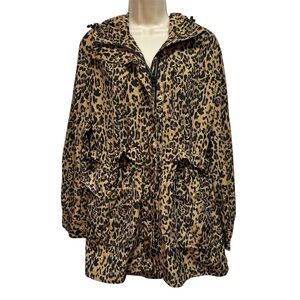 J CREW Women’s Leopard Print Windbreaker Rain Jacket Hood Zip Drawcord Sz M
